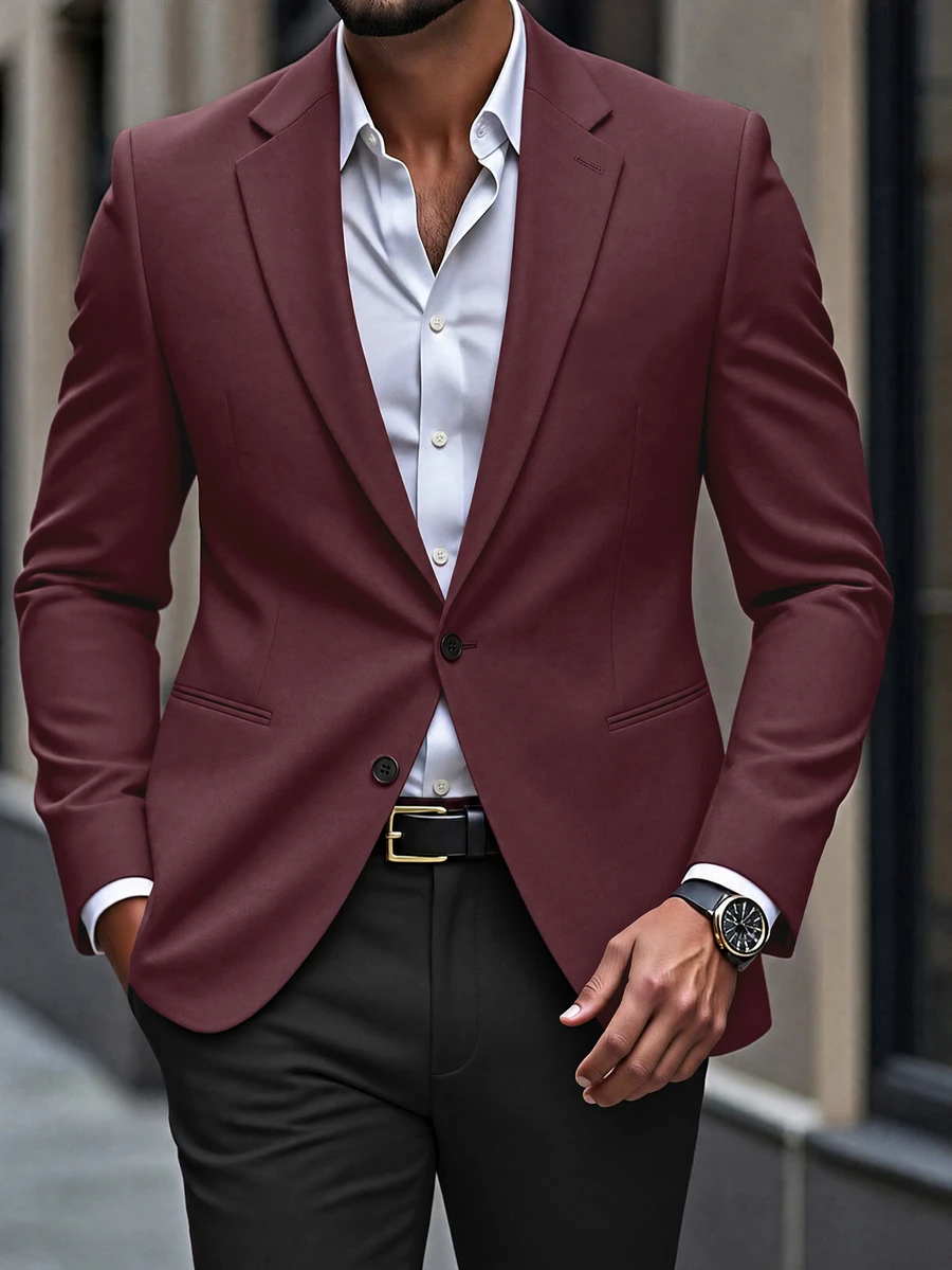 Manfinity Bizformal بدلة رجالية بتصميم نظيف وبسيط ومريح، جاكيت بجيوب مزينة بخطوط عنابية، ملابس كاجوال للتنقل اليومي - عنابي اللون - مشاهدة 1