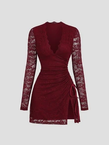 Sweetra Y2K Sexy Elegant Lace Commuter Side Waist Drawstring Versatile Party Dress - Burgundy - View 5