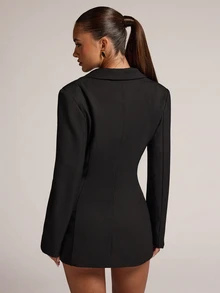 SHEIN BAE Women's Minimalist Design Waist-Cinched Black Long Sleeve Blazer, Suitable For Commuting And Social Events - Black - View 2