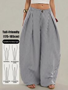 SHEIN Tall Apricot Striped Wide-Leg Trousers For Tall Women – Stylish, Casual, And Suitable For Work. - Navy Blue - View 9