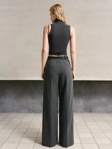 MOTF PREMIUM WOMEN'S PLEATED POCKET ELEGANT WIDE LEG SUIT PANTS FOR COMMUTING - Dark Grey - View 3