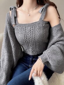 FRIFUL Women's Solid Color Tie-Strap Knit Camisole Cardigan 2 Pieces Set Brunch Grey Autumn Elegant - Grey - View 1