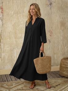 SHEIN LUNE Women's Solid Color Extra Long Casual Modest DressBlack Autumn - Black - View 5