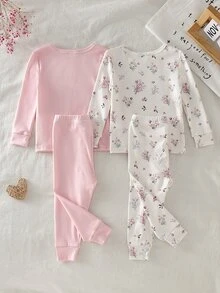 SHEIN 女嬰甜美可愛優雅休閒日常舒適親膚針織高彈力貼身布料粉杏色花朵素色卡通印花圓領套頭長袖上衣配長褲睡衣家居服2件套 - 彩色 - 查看 3