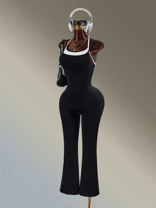 Amplova Women's Black & White Contrast Color Long Flare Leg Sports Jumpsuit - Black and White - View 4
