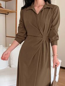 DAZY Women's Casual Solid Color Waist-Cinching Mid-Length Dress, Autumn - Brown - View 8