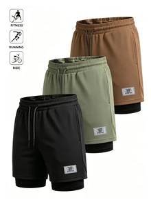 Acti Log Men's Letter Print Denim Drawstring Waist Double Layer Sports Shorts - Black - View 1