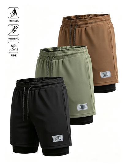 Acti Log Men's Letter Print Denim Drawstring Waist Double Layer Sports Shorts