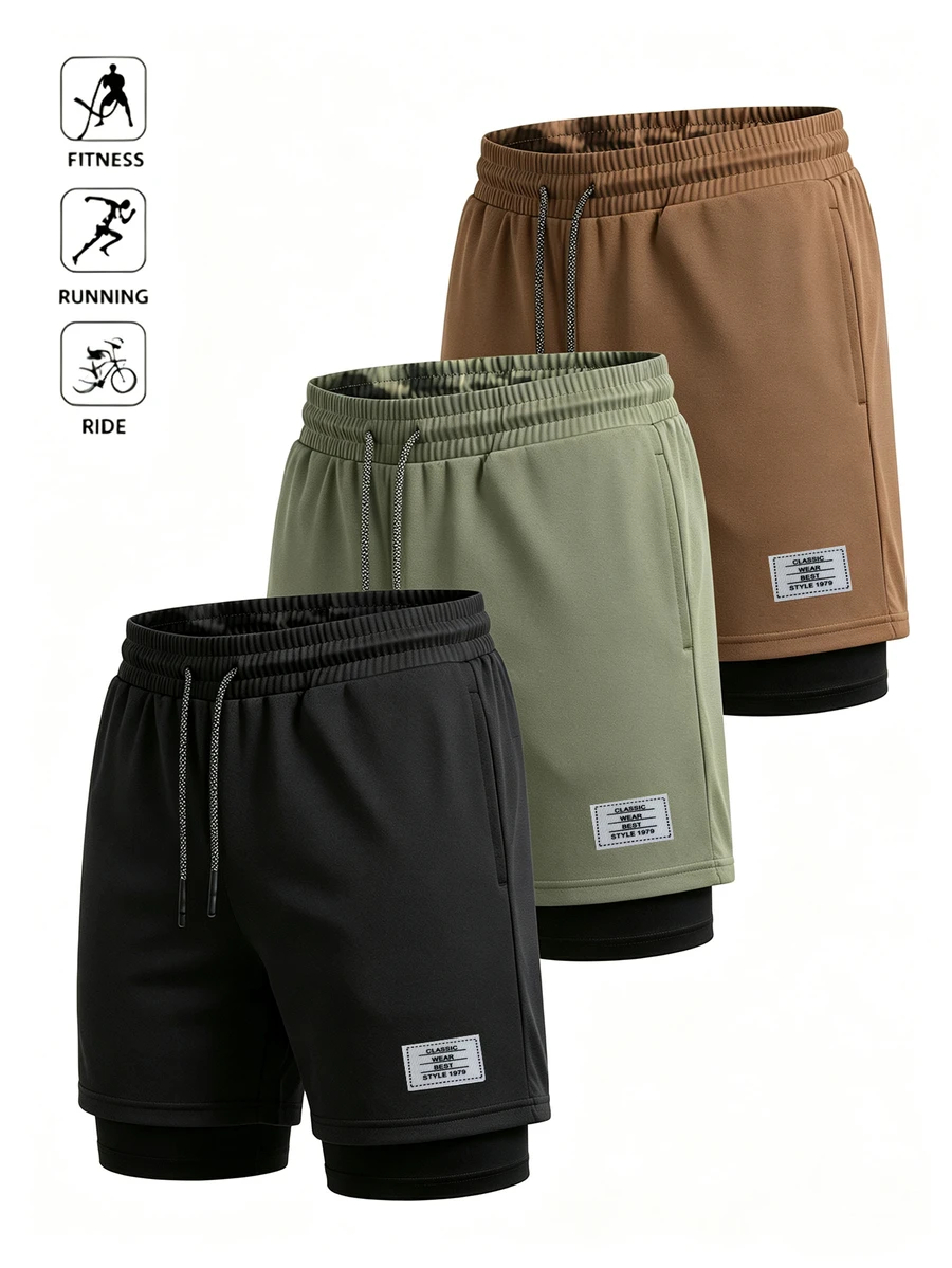 Acti Log Men's Letter Print Denim Drawstring Waist Double Layer Sports Shorts - Black - View 1