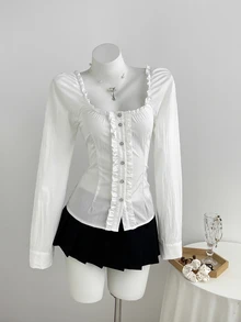 Mori Grove Mori Grove Minimalist Pure Sweet Ruffle Trim Square Neck Petal Sleeve Long Sleeve Blouse For Women - White - View 8