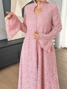 Graceveil Light Pink Lace Stand Collar Long Robe Dress, Flared Long Sleeve Middle Eastern Muslim Maxi Skirt - Pink - View 3