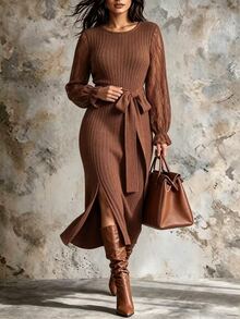 Linhara CURVE Plus Size Elegant Textured Lace Fashion Dress - Brown - View 6