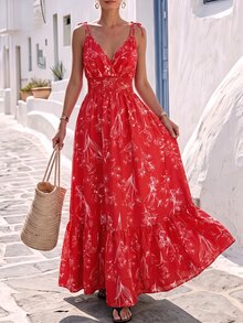 Breezaya Women's Floral Print Shirred Waist Vacation Dress - Red - View 3