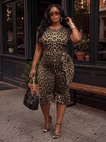 Slaydiva Plus Size Women's Leopard Print Round Neck Short Flutter Sleeve Waist Tie 3/4 Length Jumpsuit - Brown - View 6
