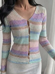 DAZY 女款彩虹條紋修身腰長袖V領休閒度假夏季薄針織開襟衫，適合秋季Y2K冬季 - 淡紫色 - 查看 3