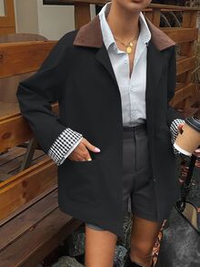 DAZY 女款休閒拼色風衣，標準版型秋季夾克 - 深灰色 - 查看 3