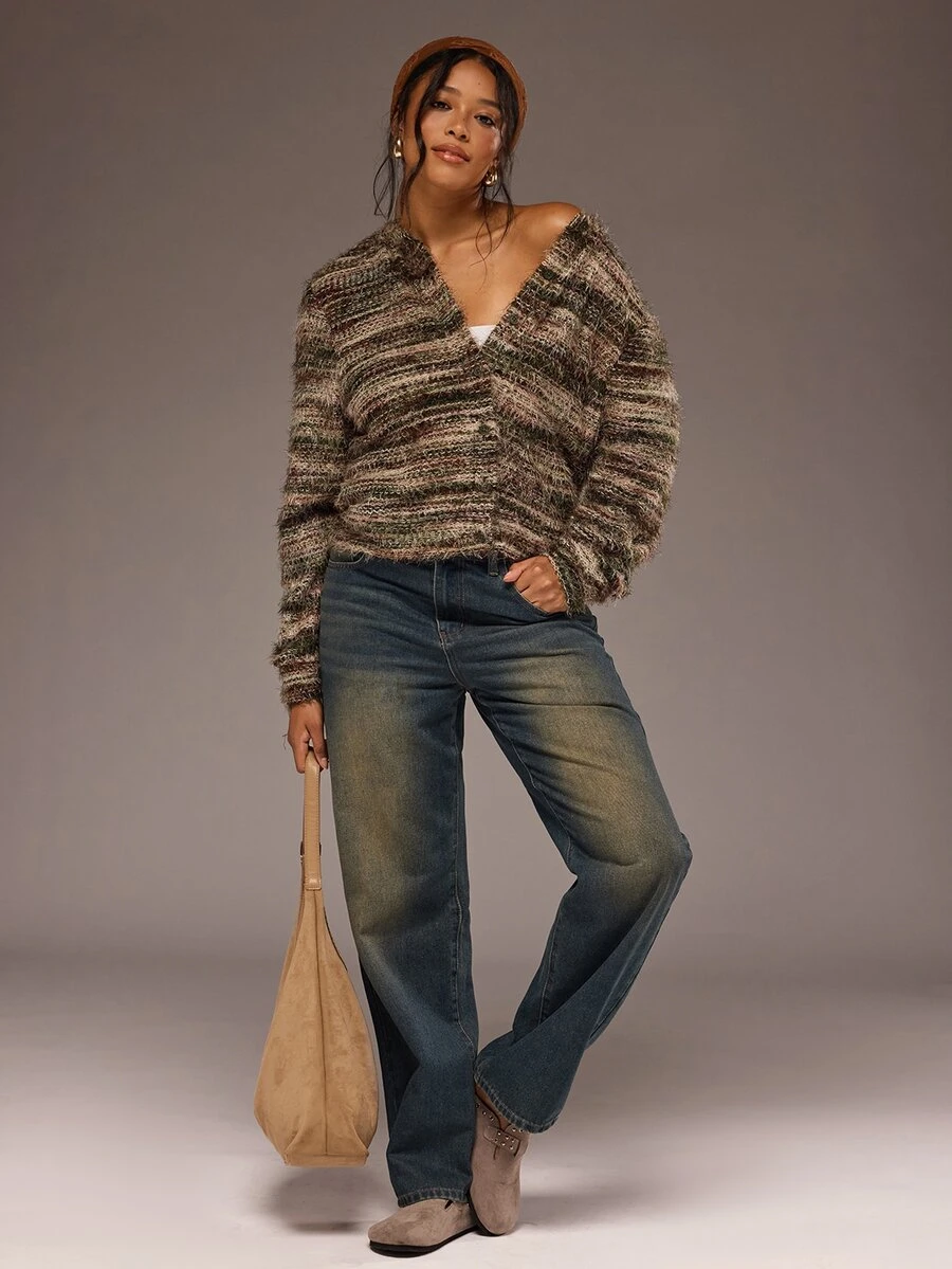 Freevana Plus Size Women's Vintage Striped Long Sleeve Casual Knit Cardigan - Multicolor - View 1