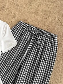Tseoso Women's Knight Embroidery Short Sleeve T-Shirt And Plaid Long Pants Casual Preppy 2 Pieces Set Everyday School White Black And White Summer - Black and White - View 4