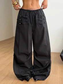 Coolane 女款四季通用返校外出休閒性感Y2K時尚街頭風龐克風口袋黑色寬腿長褲秋季穿搭 - 黑色 - 查看 1