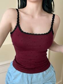 DAZY 女款蕾絲拼接波點無袖修身背心上衣 - 酒紅色 - 查看 5