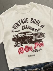 StoneGrade Men's Apricot Standard Size Cropped Loose Fit Short Sleeve T-Shirt, American Vintage Car Letter Print Design - Apricot - View 2