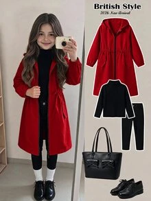 SHEIN 女童少女休閒字母裝飾寬鬆文字膠帶連帽口袋中長版派克外套 秋季夾克 - 紅色 - 查看 1
