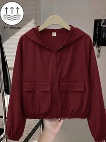 SHEIN 青少年女孩編織純色貼袋短版寬鬆休閒連帽外套，秋冬款，度假風 - 酒紅色 - 查看 9