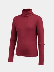 Tween Girls Autumn/Winter White Knitted High Neck Casual Slim Fit Textured Ribbed Base Layer Versatile Minimalist T-Shirt Top - Burgundy - View 4