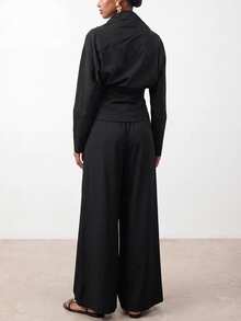 Zivah Women's Solid Color Pleated Batwing Long Sleeve Shirt And Wide Leg Pants Elegant 2 Pieces Set - Black - View 3