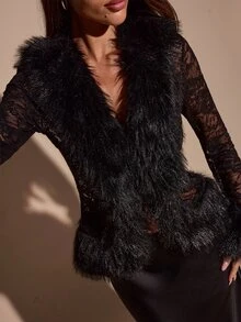 SHEIN BAE Women's Patchwork Faux Fur Lace Long Sleeve Sexy Cardigan - Black - View 7
