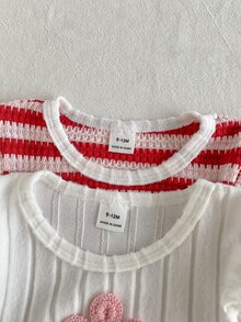 SHEIN Playful Pals Baby Girl 2pcs Red & White Ribbed Strawberry Patch & White Flower Patch Flutter Sleeve Knitted Jacquard Fuzzy Ribbed Autumn/Winter Dress - Red and White - View 4