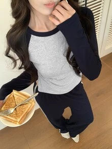DAZY Set Pakaian Santai Kasual Sehari-hari untuk Wanita: Atasan Lengan Panjang dan Celana dengan Motif Blok Warna - Navy Blue - View 8