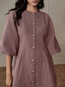BELROSIE 女款 A 字修身收腰粗花呢洋裝，金色圓鈕扣、燈籠袖、圓領，優雅復古灰粉色人字紋秋季服飾，聖誕穿搭 - 紫色 - 查看 2