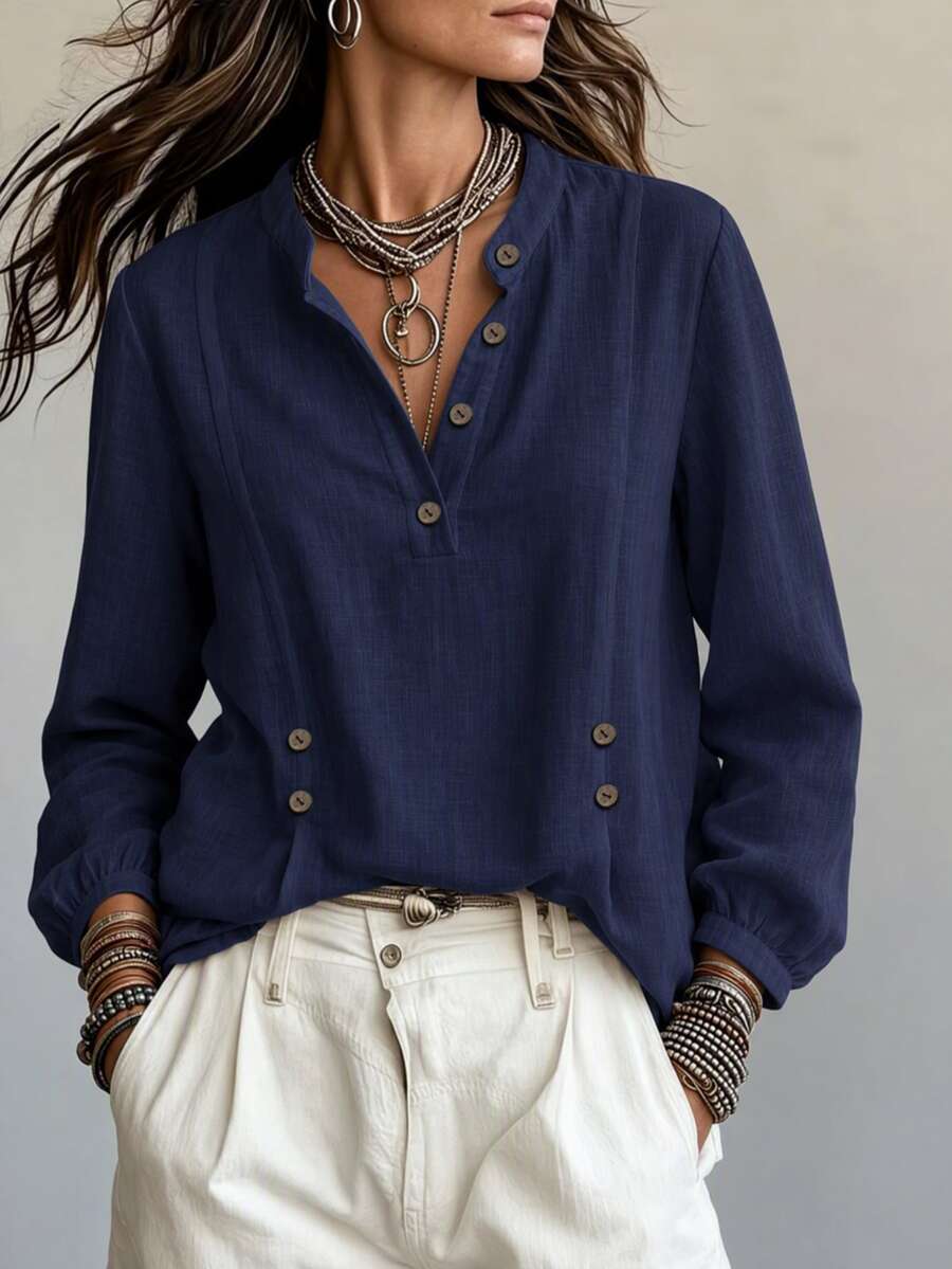 SHEIN Autumn Casual Solid Color Long Sleeve Shirt - Navy Blue - View 1