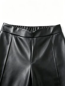 SHEIN LUNE Plus Size Women's Solid Color PU Leather Casual Versatile Daily Wear Long Pants - Black - View 6