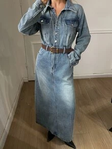 DAZY Autumn Women's Long Sleeve Collared Waist-Cinching Distressed Blue Casual Denim Maxi Dress - Medium Wash - View 3