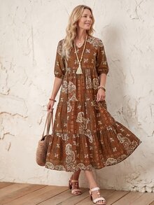 Faunlyn 女款春夏休閒中長洋裝，小V領、中袖、拼色拼接設計 - 鏽棕色 - 查看 6