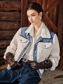 Anewsta Jaket Jeans Biru Patchwork Wol Domba Komposit Mode Baru untuk Wanita - Krem - View 5