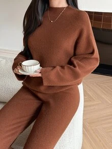 DAZY Women's Solid Color Long Sleeve Top And Pants Casual Daily Knit 2 Pieces Set - Orange - View 4
