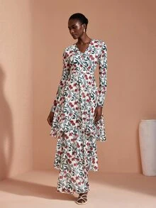 JIAN LASALA Gaun Panjang Elegan dengan Leher V Berbentuk Jala dan Lengan Panjang, serta Hemline Berumbai Tidak Merata - MultiWarna - View 4