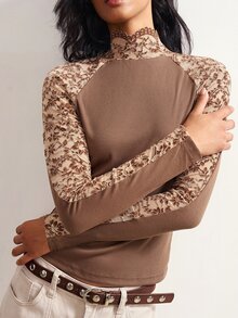 Bohemela Women's Stand Collar Color Block Casual Daily Long Sleeve T-Shirt - Brown - View 1