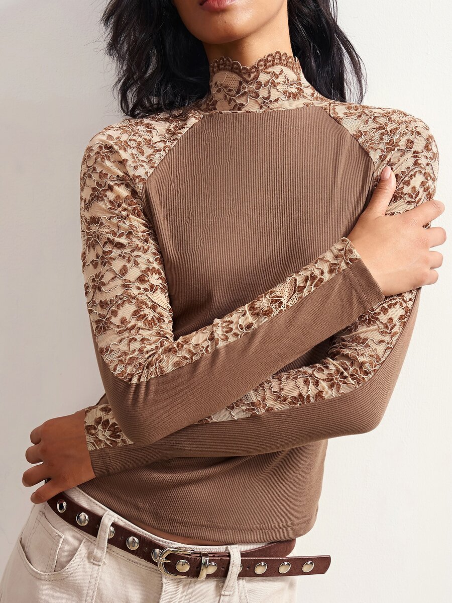 Bohemela Women's Stand Collar Color Block Casual Daily Long Sleeve T-Shirt - Brown - View 1