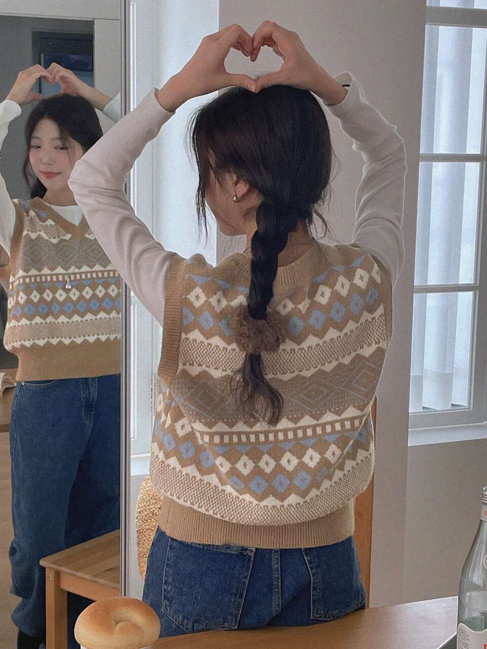 Women's Vintage Diamond Argyle Jacquard Fitted V-Neck Sleeveless Casual Vacation Korean Style Daily Autumn/Winter Knit Vest Sweater