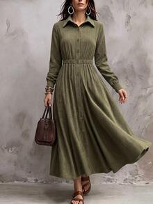 SHEIN Holidaya Women's Button-Up Ruched Waist Pleated Vacation Dress, Autumn/Winter - Army Green - View 6