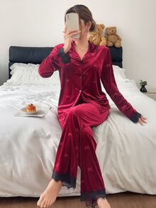 Napfluff Lace Trim Bow Jacquard Velvet Cardigan And Pants Women's Pajama Set Autumn/Winter Burgundy Pajama Set Comfortable And Elegant Detail Design - Burgundy - View 4