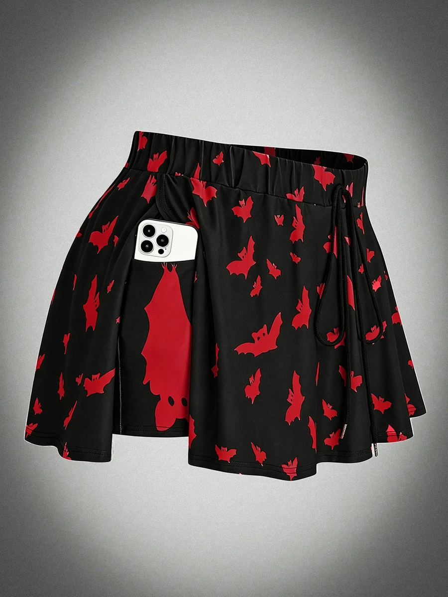 Sweetra Knitted Digital Print Dark Halloween Bat Slim Fit Shorts Skirt - Multicolor - View 1