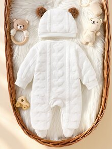 SHEIN 2件組新生兒男嬰連身包屁衣，白色可愛愛心提花泰迪熊毛絨貼布繡長袖款，生日派對秋季風格附護耳帽套裝 - 白色 - 查看 4