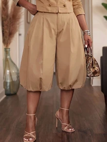 Slaydiva Casual Street Style Khaki Pleated Bubble Mid-Length Tulip Pants Plus Size 7/10 Length - Brown - View 2