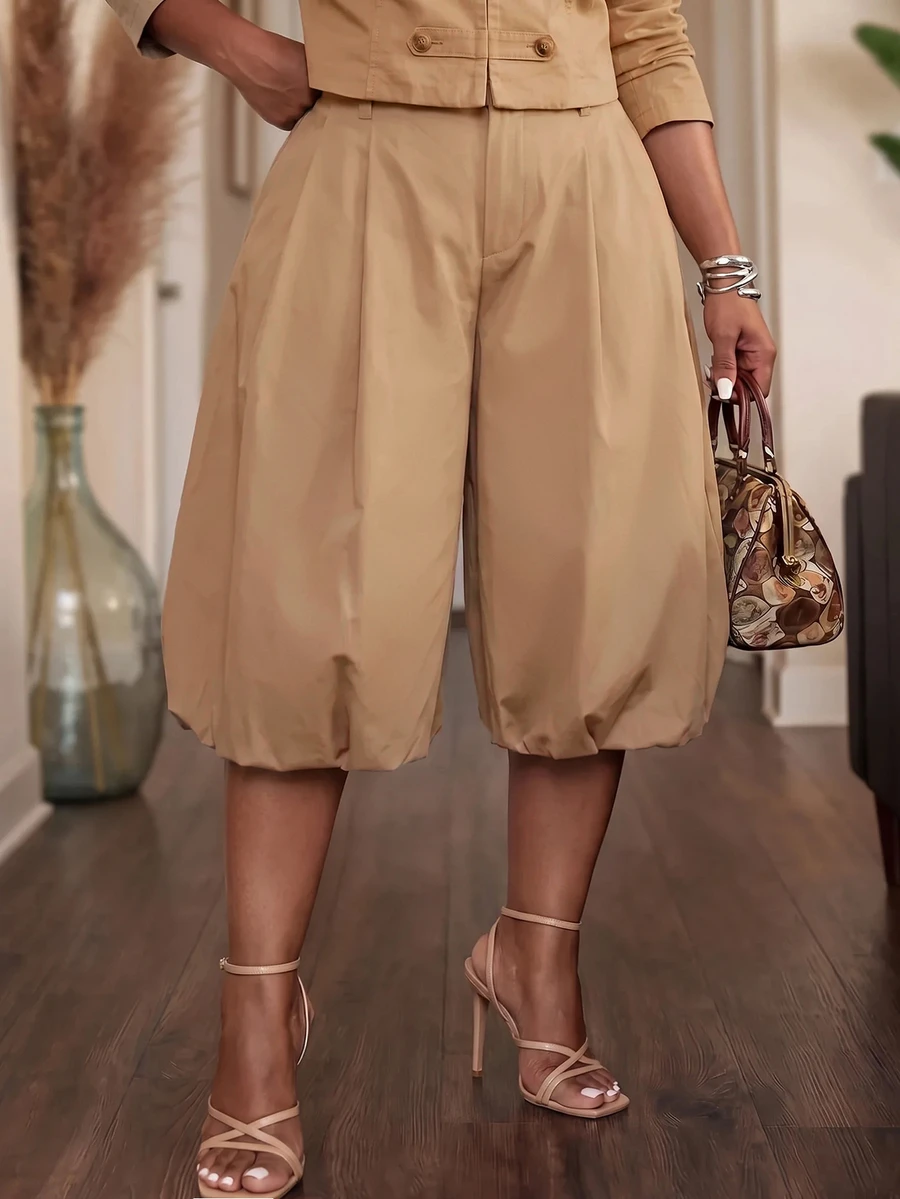 Slaydiva Casual Street Style Khaki Pleated Bubble Mid-Length Tulip Pants Plus Size 7/10 Length