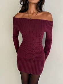Aloruh Gaun Rajut Wanita Elegan Warna Polos Tanpa Bahu, Musim Gugur/Dingin - Burgundy - View 1